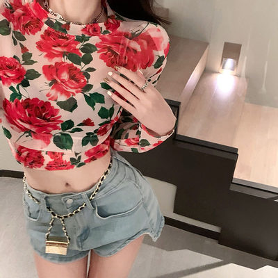 South Korea 2022 spring new retro niche fashion floral all-match thin waist slim long-sleeved T-shirt women