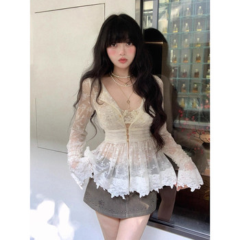 French lace v-neck slightly see-through long-sleeved shirt for women in autumn and winter