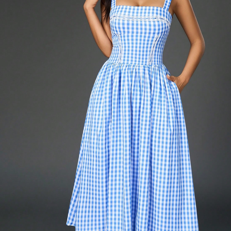 Polly Artistic Retro Blue Plaid Mid-Length Suspender Dress Summer Women's High-End Dress Polly Artistic Retro Blue Plaid Mid-Length Suspender Dress Summer Women's High-End Dress