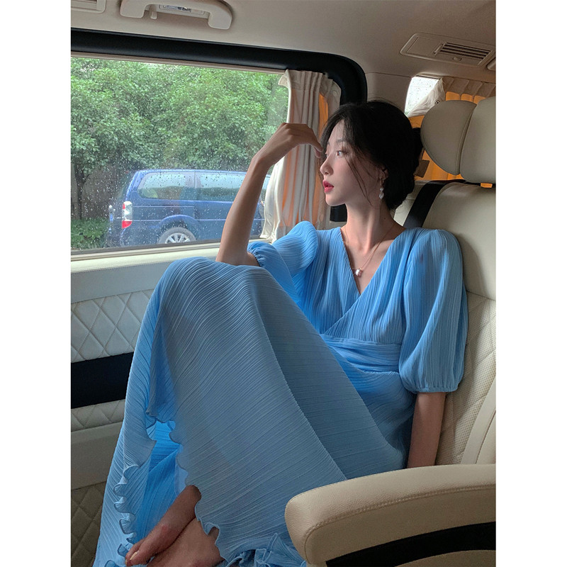 French V-neck puff sleeve dress women's 2021 summer new waist thin temperament mid-length chiffon skirt