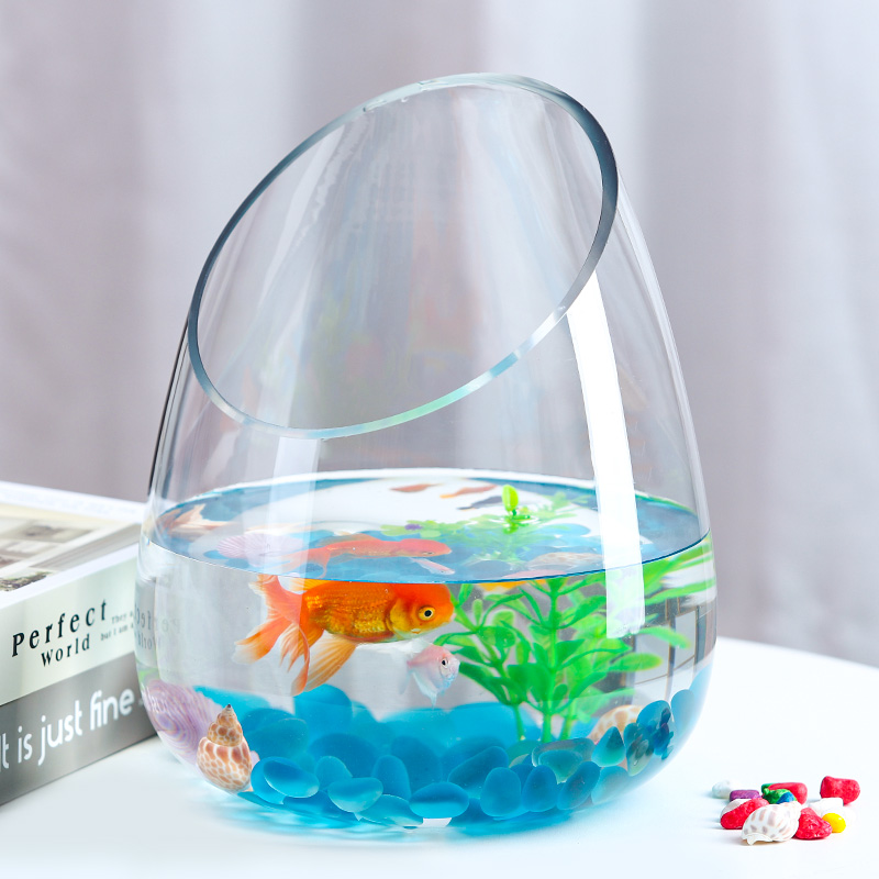 Glass round goldfish tank thickened hydroponic turtle tank Office desktop mini oblique transparent small goldfish tank