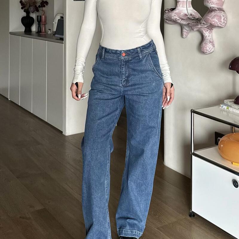 Aooao Autumn and Winter New American Retro Versatile Casual Basic Washed Color-Block Straight Loose Floor-Length Jeans