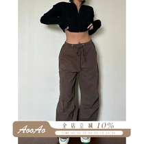 AOAO European and American hot girls retro street casual tightness tightness Rope Folds Straight Barrel Loose Pocket Workwear Pants