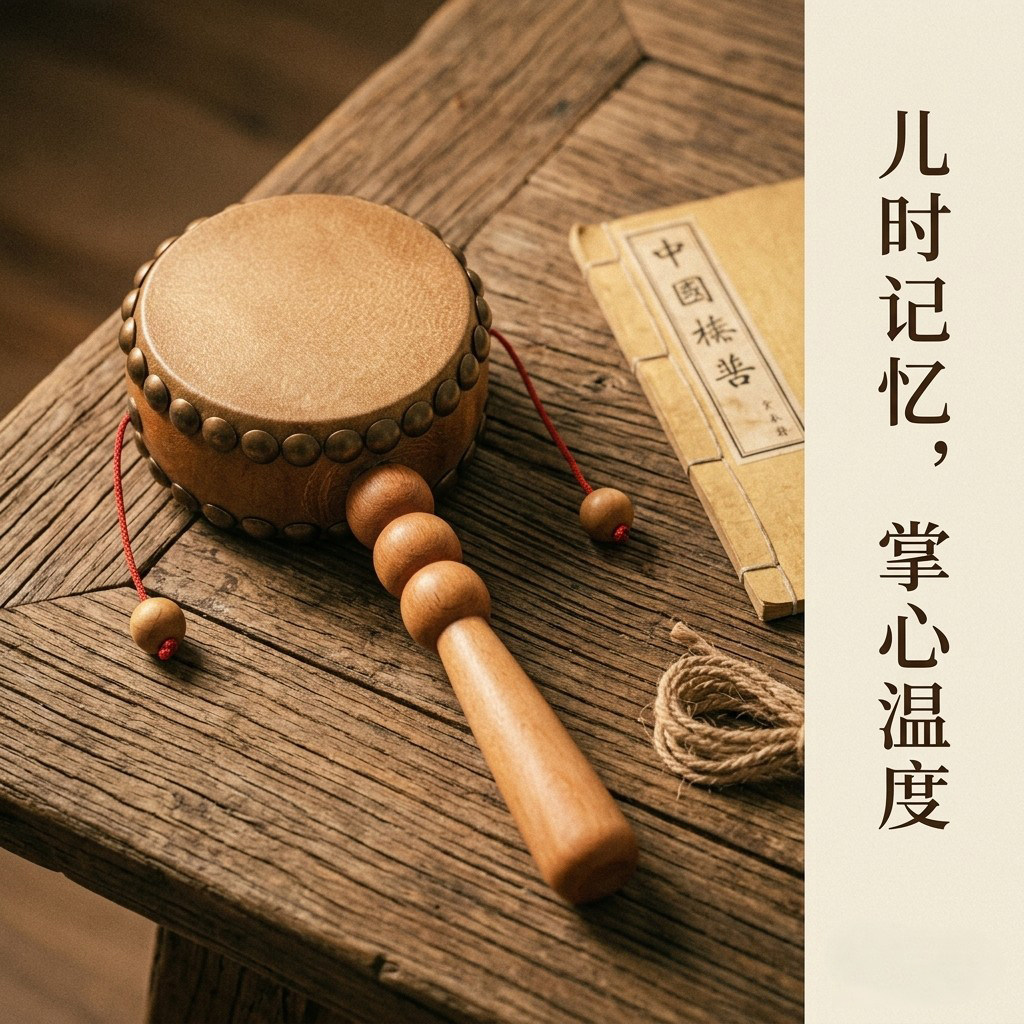 古来の職人技、古い桃の木、山羊皮、黄色い羊皮のガラガラ太鼓。非物質的な文化遺産である、子供向けの手作り教育玩具。