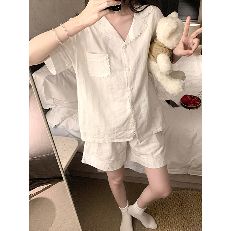 Gentle and Simple White Pure Cotton Pajamas for Women, New Spring and Summer Style, Loose and Sweet Lace Short-Sleeved Shorts, Home Wear Set
