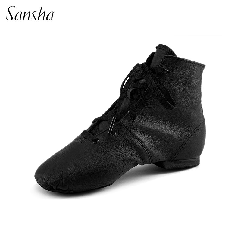Sansha France Sansha Jazz Dance Shoes High Cylinder Dance Shoes Practice Shoes Soft Bottom Full Black Genuine Leather Modern Dance Shoes