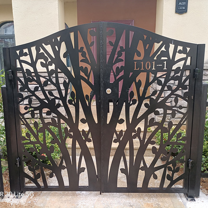 Wrought iron courtyard gate villa gate laser engraving iron single door garden entry fence gate double door custom