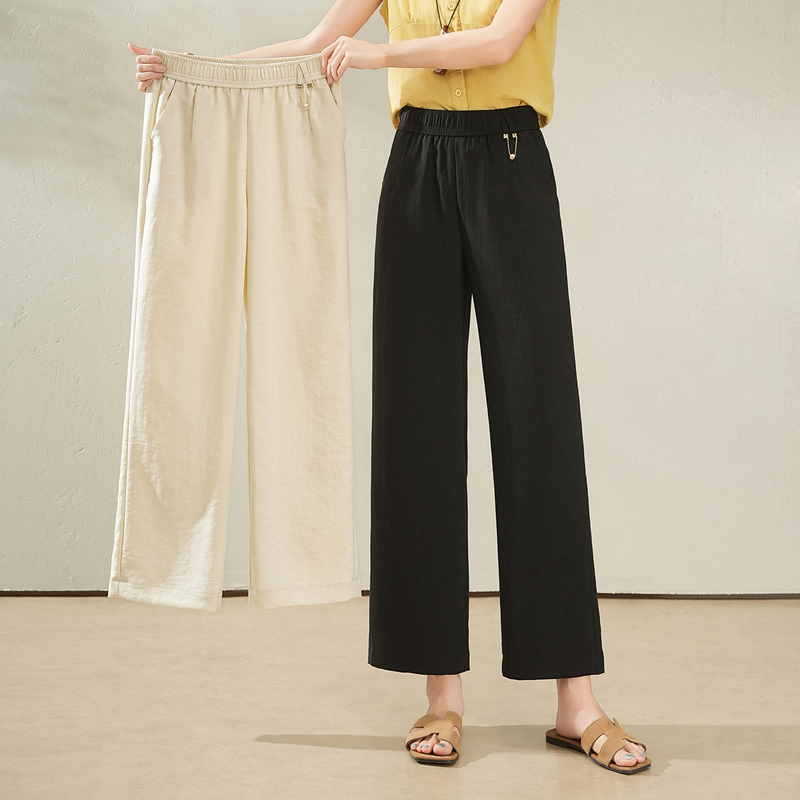 Fashionable Breathable Cropped Straight-Leg Pants for Women, Elastic Waist, Summer Thin New Style, Petite Narrow Wide-Leg Casual Pants
