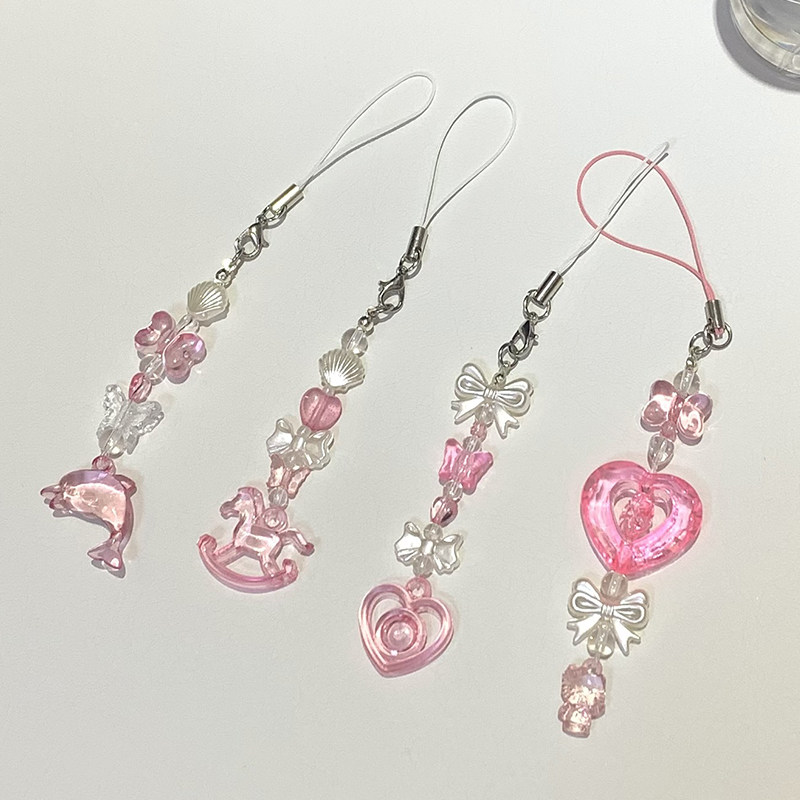 Original handmade beaded love acrylic lanyard mobile phone chain pink niche girl heart pendant cute decoration