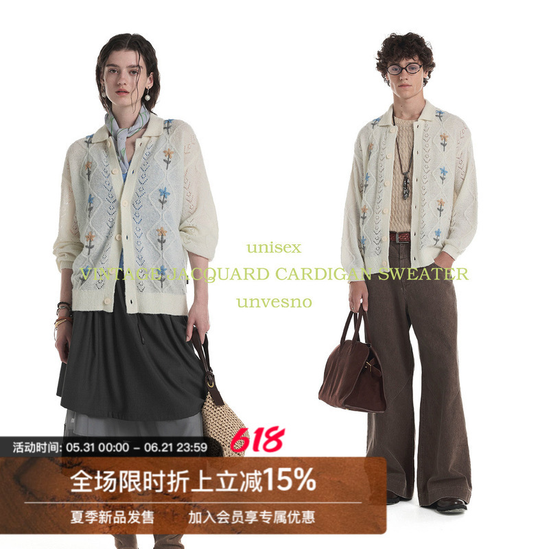 Unvesno Un Handmade Three-Dimensional Flower Hollow Wool Blend Knit Cardigan Sweater