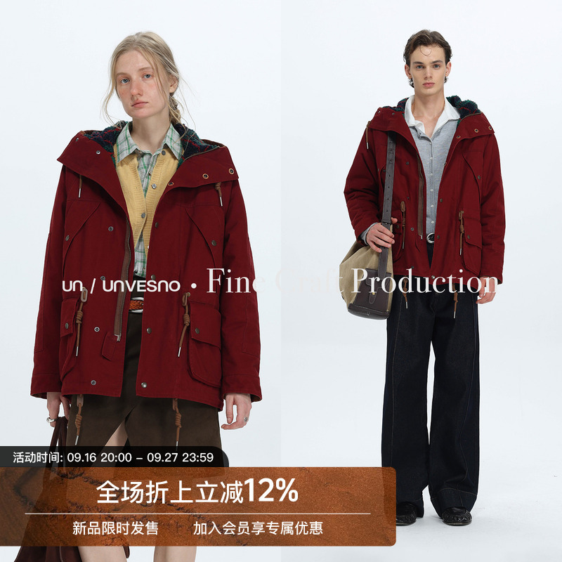 Unvesno (Un) Basanova Red Washed Hooded Workwear Style Jacket with Contrasting Plaid Fleece Thick Coat Unvesno (Un) Basanova Red Washed Hooded Workwear Style Jacket with Contrasting Plaid Fleece Thick Coat