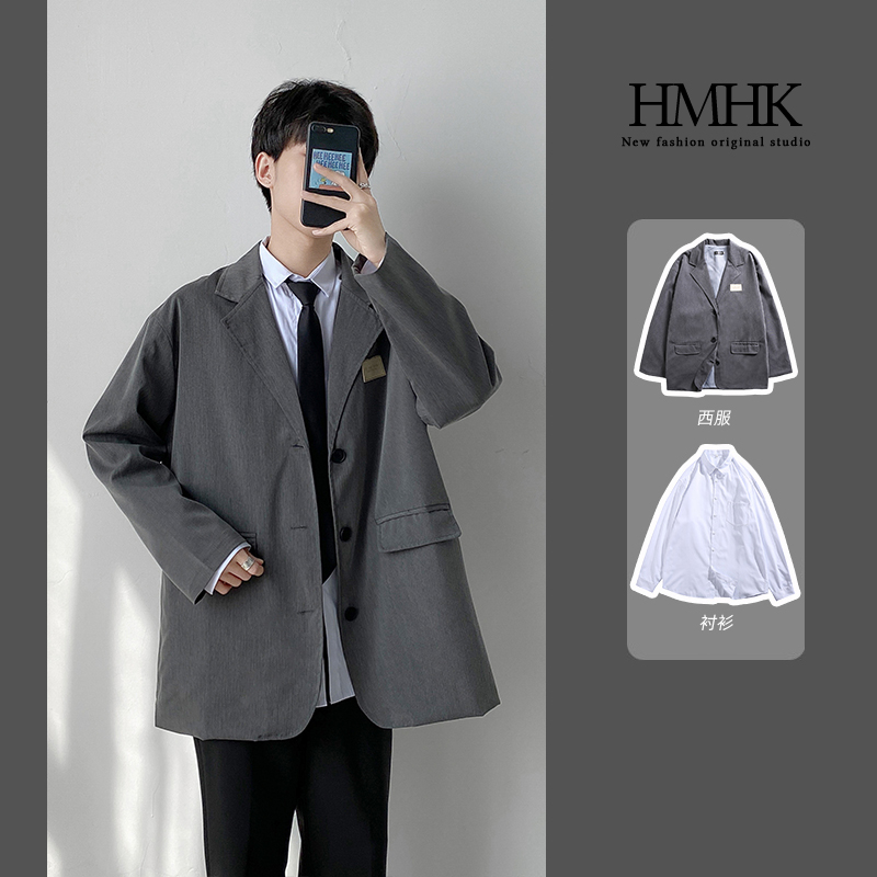 Grey Suit + White Shirtsuit suit men's wear handsome trend student Korean version easy leisure time Ruffian handsome Blazer  loose coat Academic atmosphere lovers