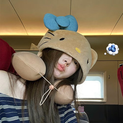 Cute Kt Cat U-Shaped Pillow with Hood for Winter Travel, Portable for Sleeping, Long-Distance Neck Protection, Office Use with Hat