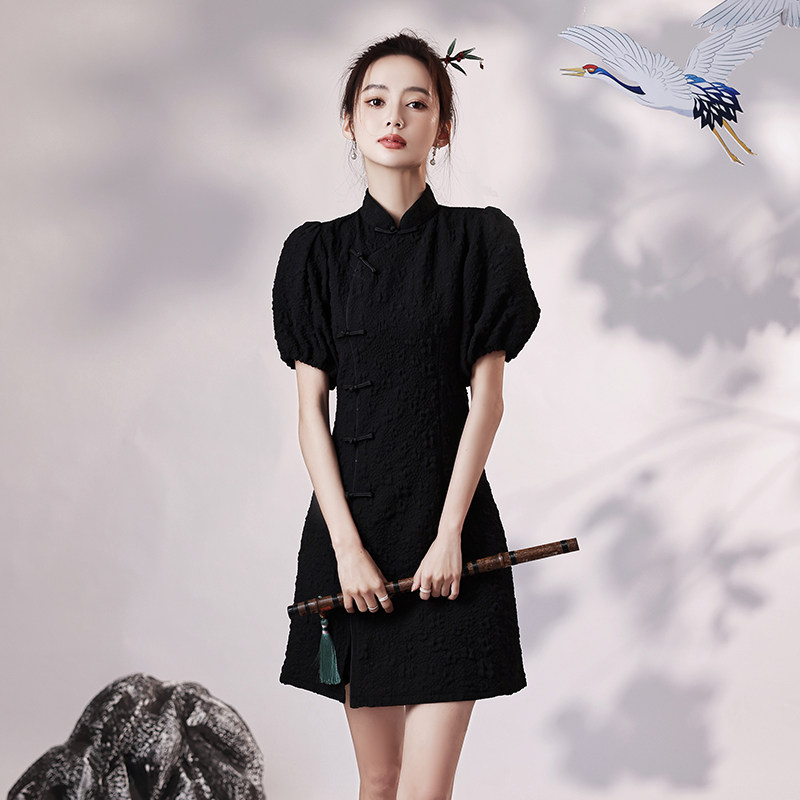 The French flag gown 2022 The new black teenage girl improves the everyday young Small Crowd Bubble Sleeves Short dress