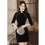 Черное зимнее ципао, легкий зимний короткий лонгслив, увеличенная толщина, светлый стиль