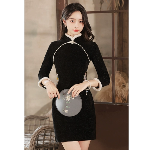 Черное зимнее ципао, легкий зимний короткий лонгслив, увеличенная толщина, светлый стиль