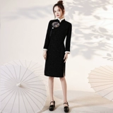 Черное легкое элитное ципао, бархатный утепленный лонгслив, китайский стиль