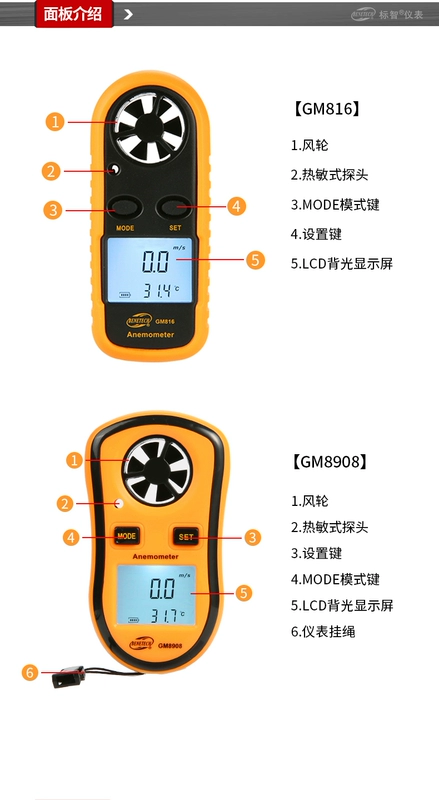 Biaozhi GM816 mini máy đo gió tích hợp máy đo gió ngoài trời đo nhiệt độ gió dụng cụ đo gió nhỏ