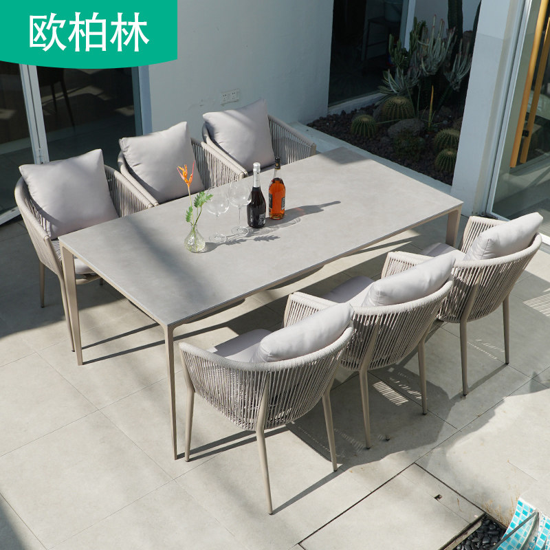 Outdoor minimalist table and chairs courtyard balcony garden long table and chairs outdoor villa yard leisure dining table rattan chair combination