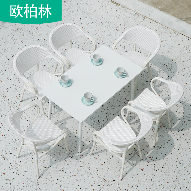 Outdoor tables and chairs balcony leisure tables and chairs courtyard outdoor milk tea shop outside white rattan table and chairs with umbrella combination