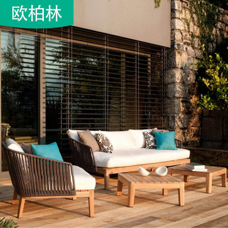 Outdoor leisure rattan solid wood teak sofa hotel furniture outdoor garden villa rattan woven sofa courtyard