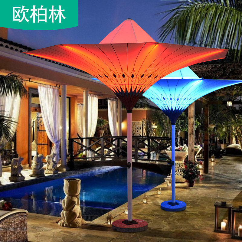 Outdoor central column umbrella courtyard creative sun umbrella villa garden model room decoration with lamp umbrella hotel high-end flower umbrella