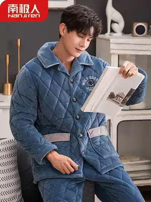 Antarctic men's pajamas winter thickened three-layer padded jacket flannel home clothing coral velvet warm autumn and winter