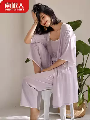 Antarctic pajamas female spring and autumn Ice Silk autumn winter thin sexy sling three-piece simulation silk home wear