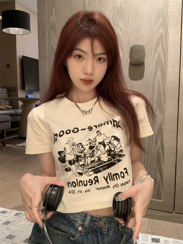 Korean Style Slim-Fit Short-Sleeve T-Shirt for Women, Summer Pure Desire Style, Ins Print, Spicy Girl Short Crop Top, Pure Cotton