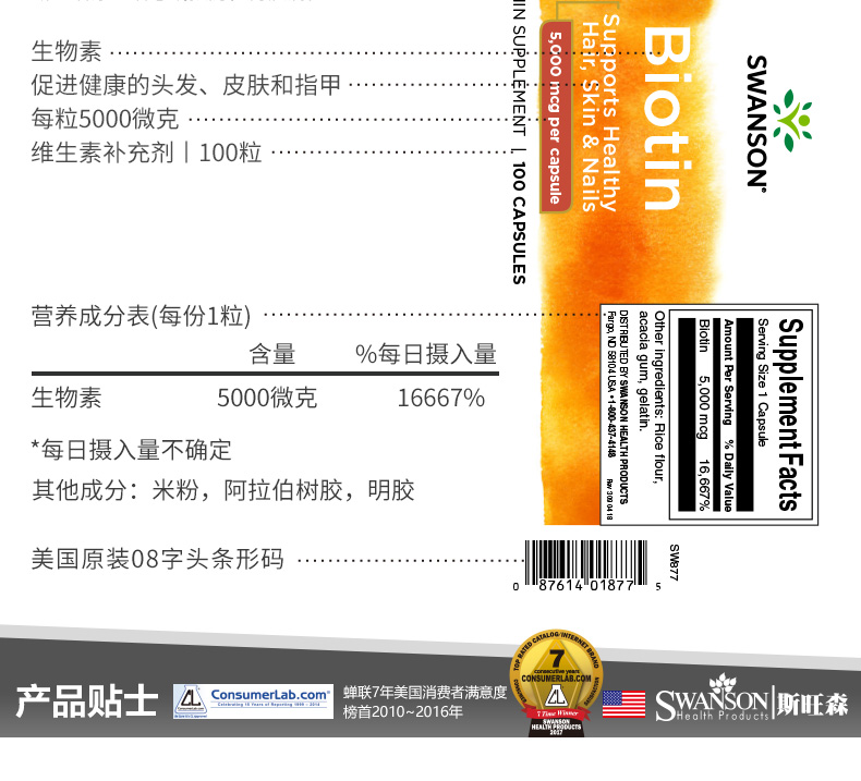 美国进口 斯旺森 Biotin生物素胶囊 100粒*2件  黑发防脱发 图6