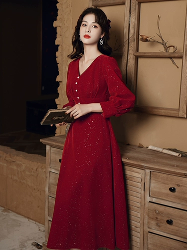 Лонгслив, зимнее бордовое бархатное вечернее платье, изысканный стиль, подходит для подростков