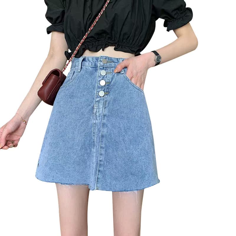 Denim váy của phụ nữ mùa hè Hàn Quốc phiên bản của eo cao chic hiển thị mỏng trăm mở ngã ba túi hông retro Cảng hương vị A-từ váy ngắn