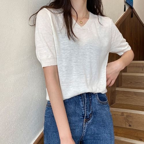 V-cổ ngắn tay phụ nữ dệt kim của mùa hè Hàn Quốc phiên bản loose-fitting sinh viên mỏng ins ròng cổng Vintage mỏng hương vị hàng đầu