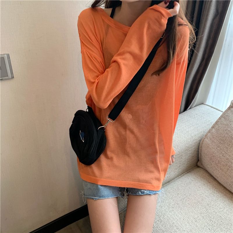 Ice lụa knitsweater mùa hè của phụ nữ Hàn Quốc phiên bản loose-fitting bên ngoài mặc áo mỏng ins ròng đỏ dài tay sunprotection đầu