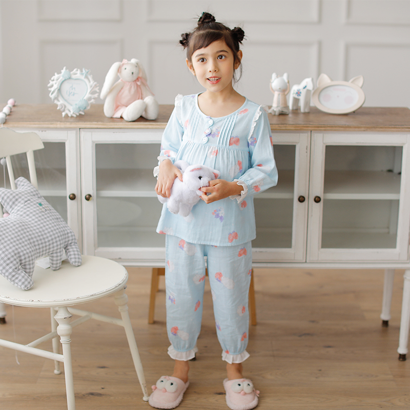 Girl's spring autumn pyjamas gauze thin piece of pure cotton CUHK Cute Cartoon Super Cute Children's Home Conserved Summer Suit