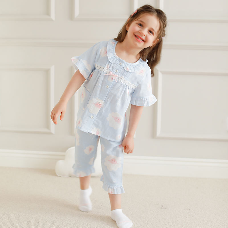 Girls Summer thin Pure Cotton Pyjamas Short Sleeves Children Girl Girl Princess Baby Cuddler Cuddler Cuddler