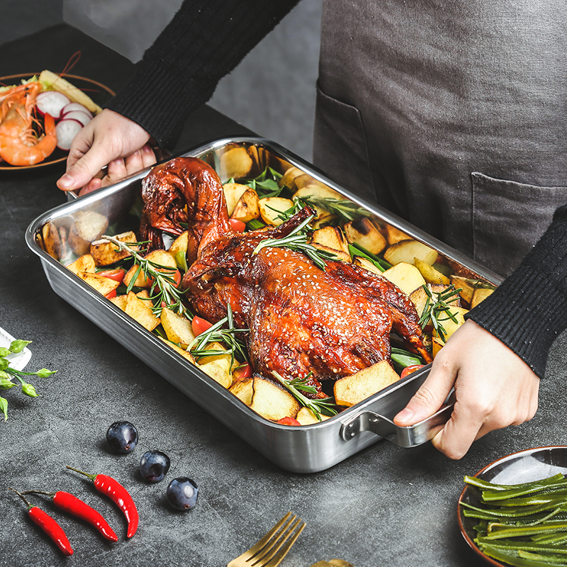 304 stainless steel rectangular baking tray Double-ear outlet height deepening large household tray Induction cooker oven