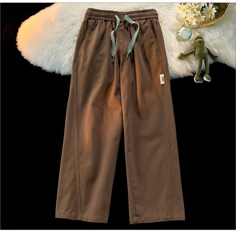Hong Kong Style Trendy Retro Simple Solid Color Casual Pants for Men and Women, Japanese Street Style Loose Wide-Leg Versatile Long Pants with Elastic Waist