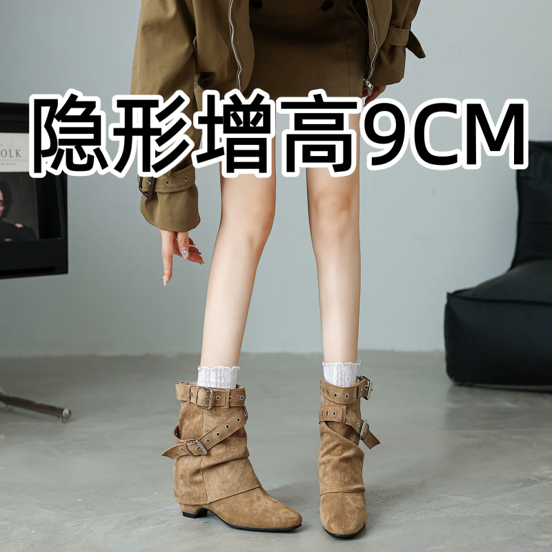 9cm Height Increase, Retro Pointed-Toe Melard Knight Boot with Trouser Leg, Women's Belt Buckle Western Cowboy Short Boots, Martin Boots 9cm Height Increase, Retro Pointed-Toe Melard Knight Boot with Trouser Leg, Women's Belt Buckle Western Cowboy Short Boots, Martin Boots