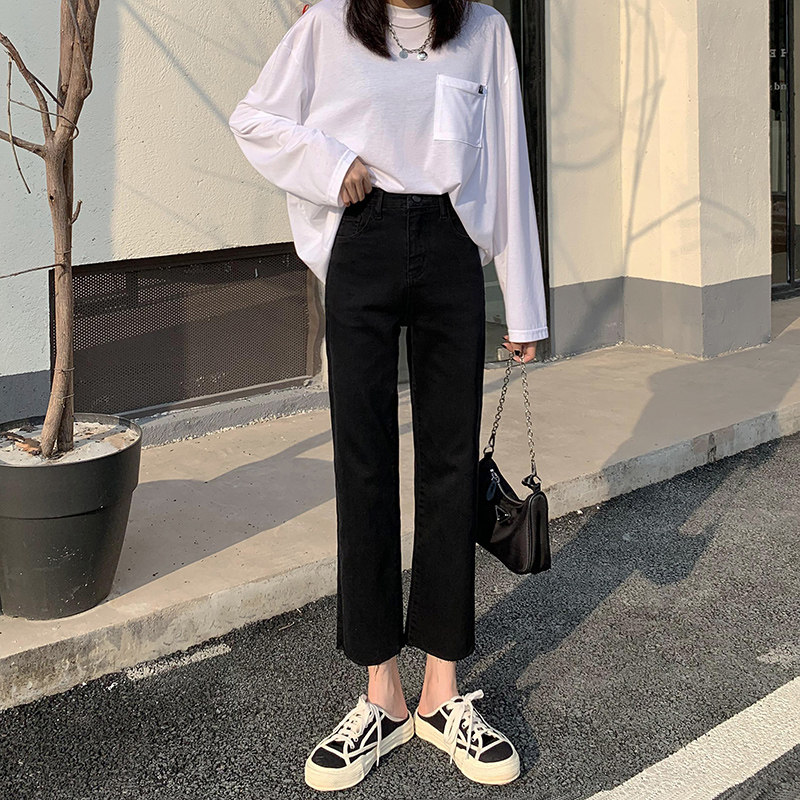 2021 Spring Autumn New Black Straight Drum Jeans Woman High Waist 90% Loose small sub smoke tube pants to be slim