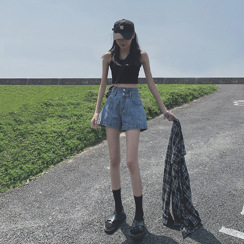 Light color super high waist denim shorts women wide legs thin slim loose a-shaped pants 2021 summer new tide ins