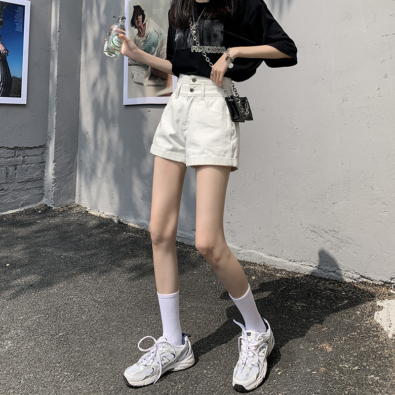 2022 Spring loaded new white denim shorts women high waist loose A word hot pants thin and thin hot girl boom