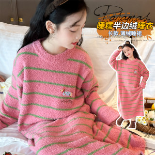 女童睡裙秋冬款半边绒儿童家居服女孩中大童保暖睡衣长款睡袍条纹