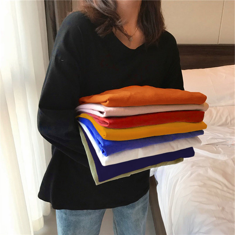 Long sleeve t shirt female spring and autumn black blouse Han edition students loose and lazy wind in long pure color coat in tide