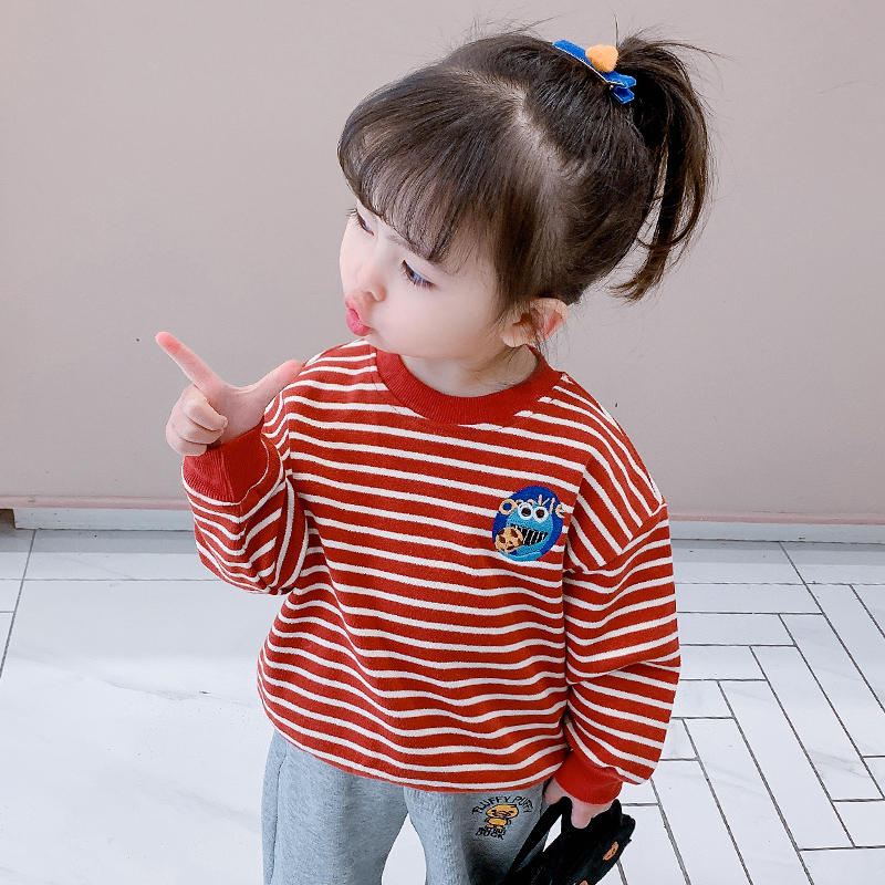 Girls thick T-shirt 2022 autumn new children's Korean version striped long-sleeved top girl baby T-shirt Western style children's clothing