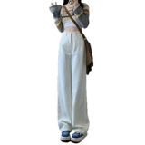 Бежевые флисовые прямые свободные джинсы, штаны, высокая талия, свободный крой