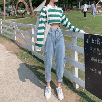Dad jeans womens spring and autumn straight loose 2021 autumn new high waist thin small hole radish pants
