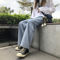  Light blue jeans womens straight loose spring and autumn 2021 new high waist thin hanging mopping wide leg pants