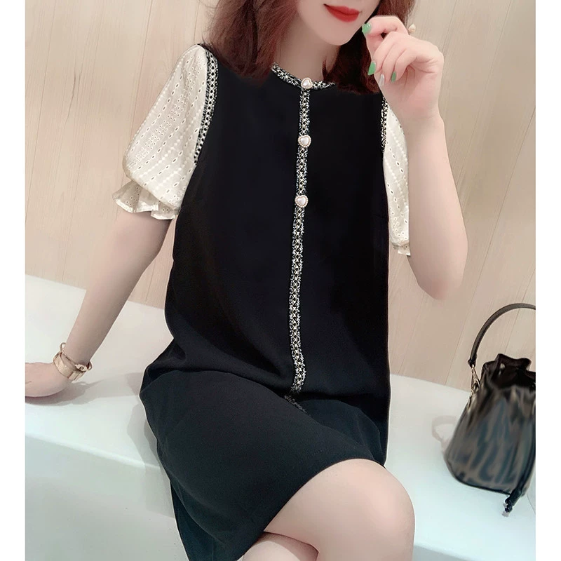 Ánh sáng trưởng thành khâu lồng đèn tay áo màu đen mỏng cổ tròn Váy ga châu Âu 2021 đầu mùa thu quần áo phụ nữ xu hướng hàng hóa châu Âu mới - váy đầm