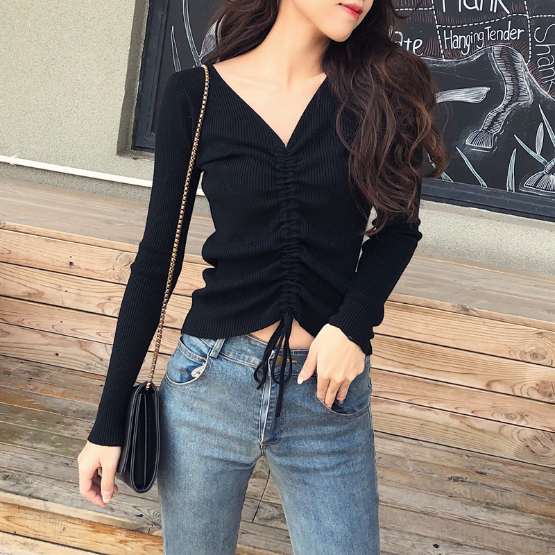 V-Neck Slim-Fit Long-Sleeve Knitted Base Shirt for Women 2026 Spring and Autumn New Drawstring Tie Sweater Short Tight Top